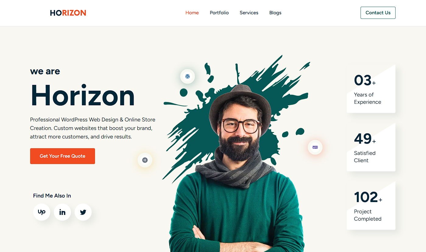 Homepage of Horizon WP Services showcasing professional WordPress web design and online store creation with a modern layout and creative hero section.