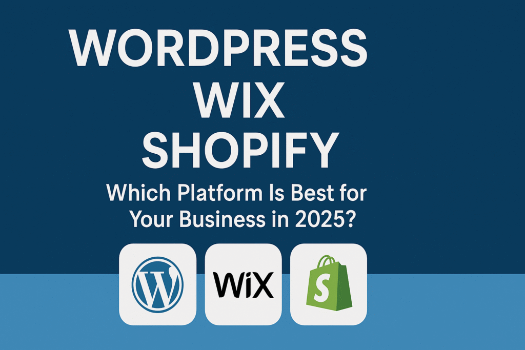 Professional cover image comparing WordPress, Wix, and Shopify platforms in 2025, with minimalist design and Horizon WP Services branding at the bottom corner
